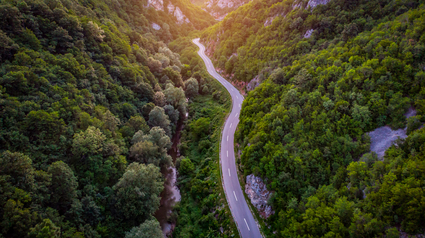 Aerial view of the road in a beautiful summer forest at sunset in the Balkan Mountains. Credits: Milan Markovic
